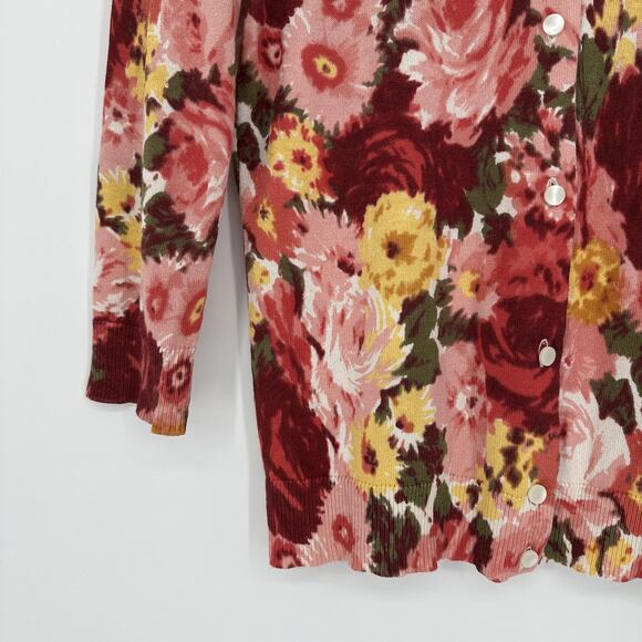 Talbots Sweater Womens Petite Small Pink Red Yellow Floral Silk Cotton Cardigan - Picture 3 of 9
